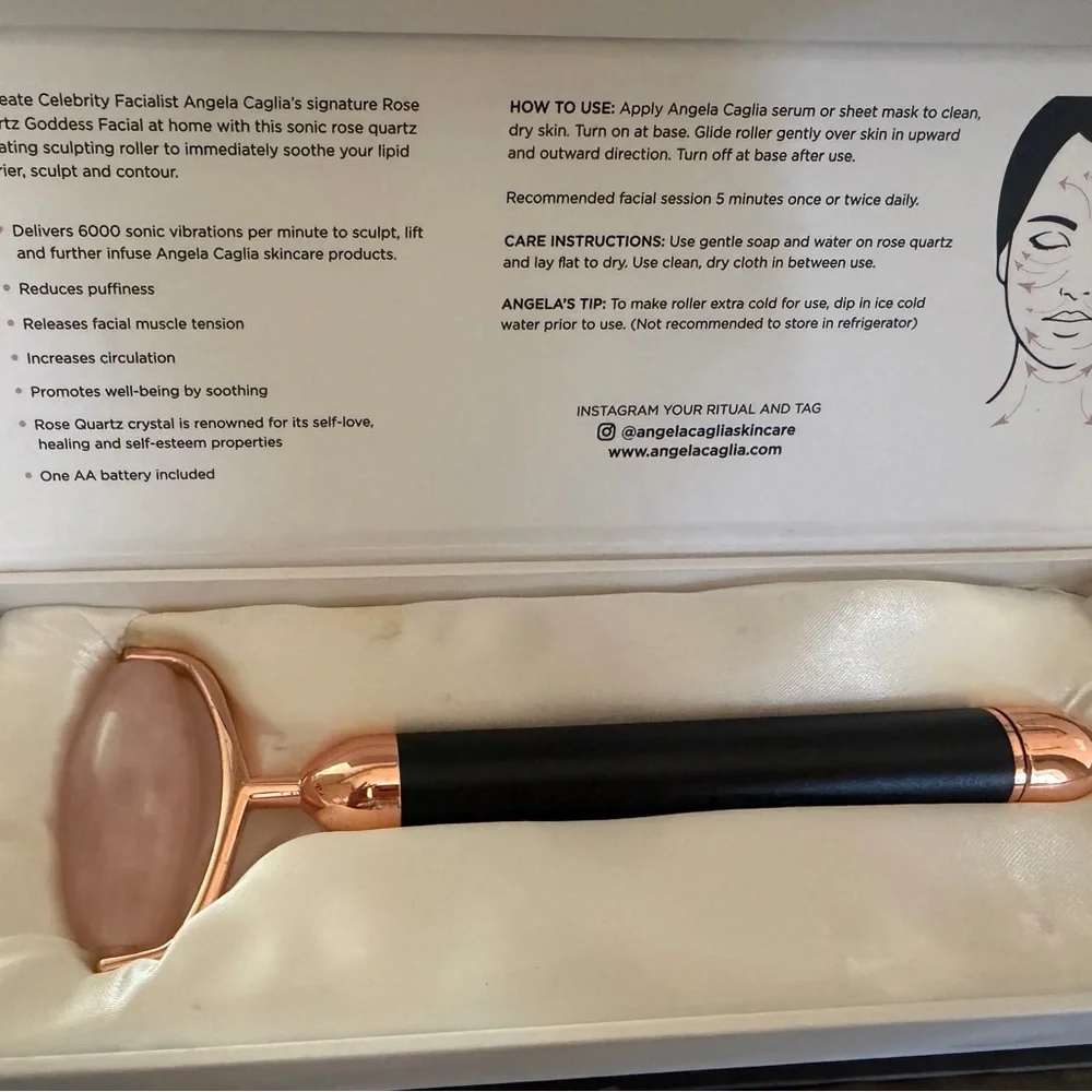 Angela Caglia Rose Quartz Facial Roller with Gold Sculpting Tools and Gua Sha